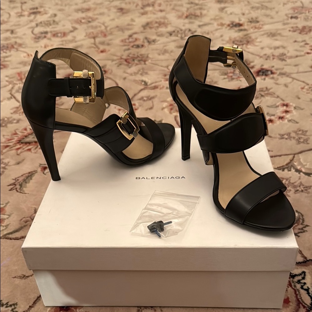 Balenciaga Sandal Pelle S. cuoio Veau Poli Black Women's Heels made in Italy 40